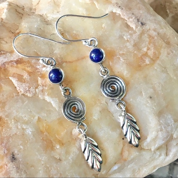 LAPIS LAZULI 925 sterling spiral and leaf earrings - Picture 9 of 9